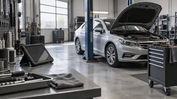 Automotive workshop with a car and diagnostic equipment.