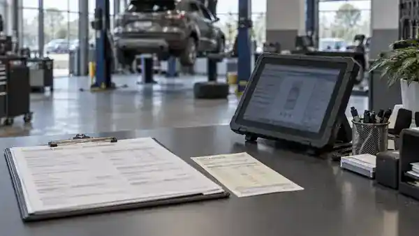 Repair work order, parts slip and diagnostic terminal at a workshop counter.