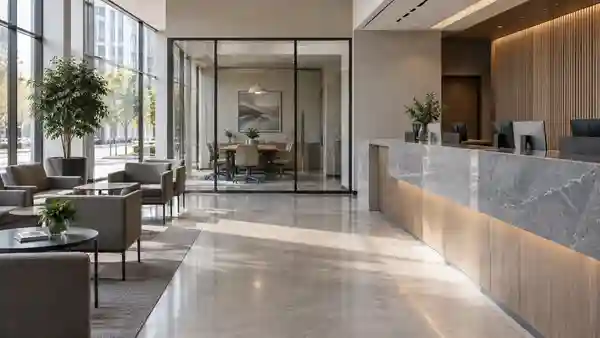 Bank branch with a service counter and meeting room.