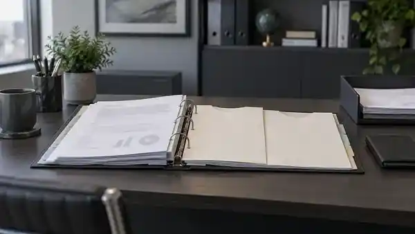 Tabbed document pack and follow-up tray at a banking operations desk.