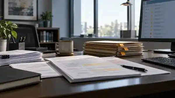 Briefing draft, reference papers and flagged folders at an analyst desk.