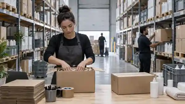 Warehouse packing area with product cartons and supplies.