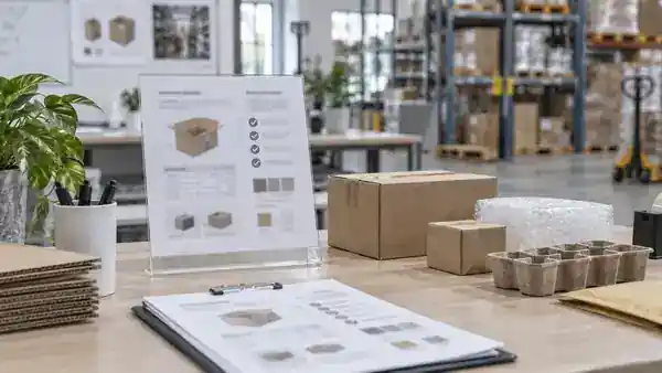 Product specification sheet and packaging samples at a packing-area desk.