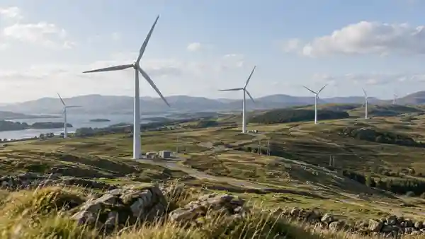 Wind turbines across a rural landscape.
