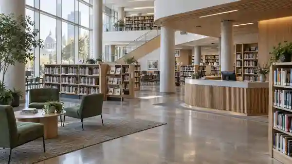 Public library with bookshelves and a service desk.