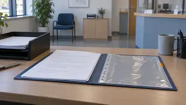 Open application folder with an empty document pocket at a public-service desk.