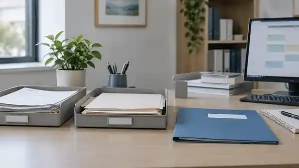 Referral folders and paper trays at a healthcare administration desk.