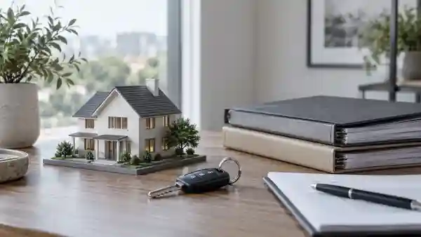 House model, car key and document folders on a desk.