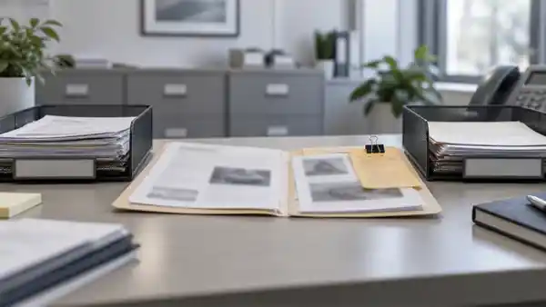 Partly assembled case folder and follow-up slip at a claims desk.