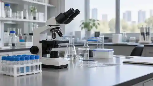 Microscope and sample tubes on a laboratory bench.