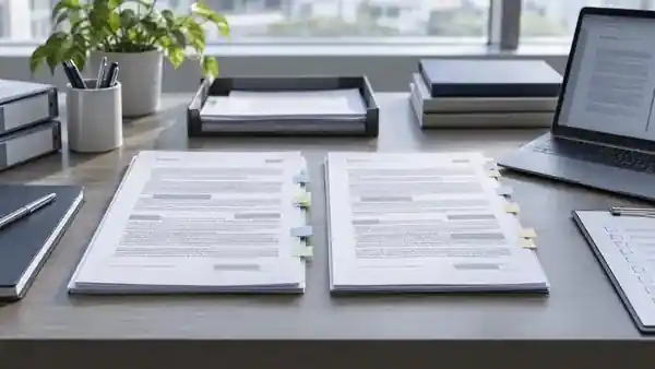 Two document versions and review tabs beside an angled laptop.