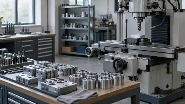 Milling machine and metal components in a workshop.