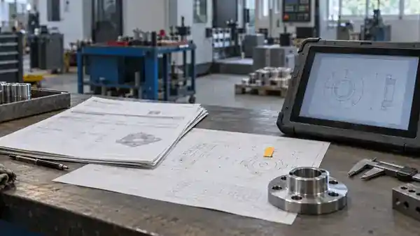 Work order and parts drawing at a workshop planning station.