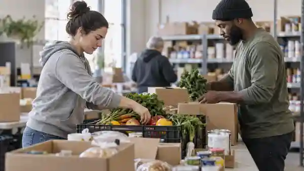 Volunteers sorting produce and supplies at a food pantry.