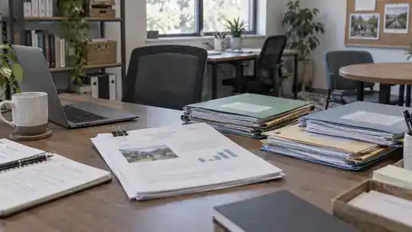 Report draft and activity-record folders on a small shared-office desk.