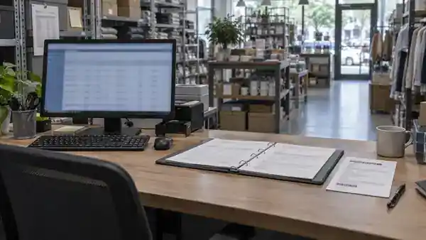 Stock terminal, open policy folder and return slip in a shop back office.