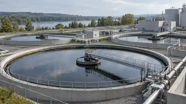 Water treatment tanks, pipes and service walkways.