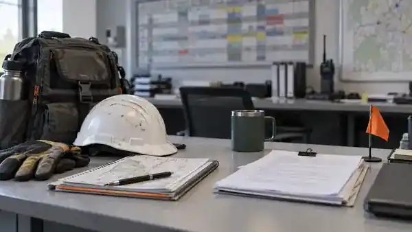 Field-work pack, update draft and radio at a dispatch desk.