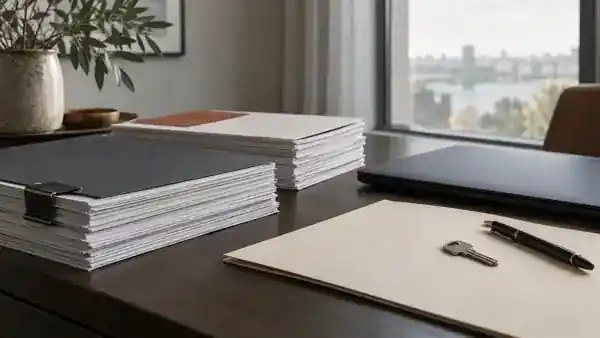Illustration générée par IA : une clé, un ordinateur fermé et des rapports organisés sur un bureau.