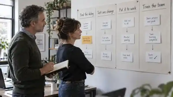 AI-generated illustration of two people reviewing a board from finding delays to training the team.